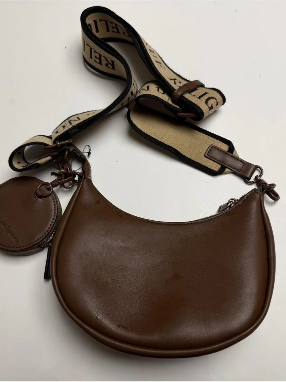 True religion Brown Leather Crescent Crossbody Bag with Detachable Strap